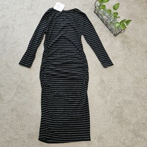 NWT Isabel Maternity Black White Striped 3/4 Sleeve Ribbed Dress XS